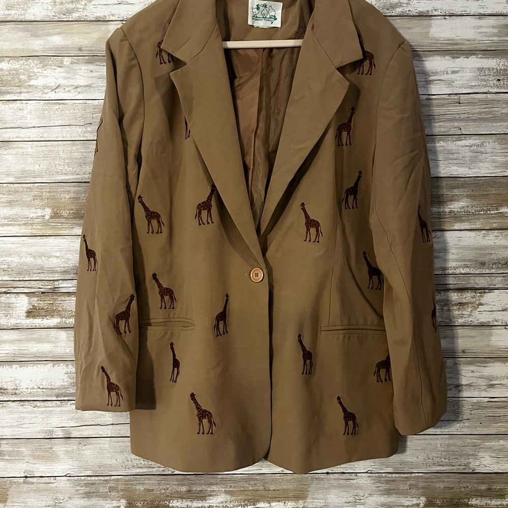 Elegant Tan Blazer with Giraffe Embroidery
